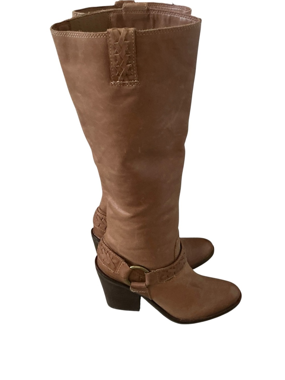 Lucky brand Ethelda knee high boots tan leather harness ring buckle size 6.5